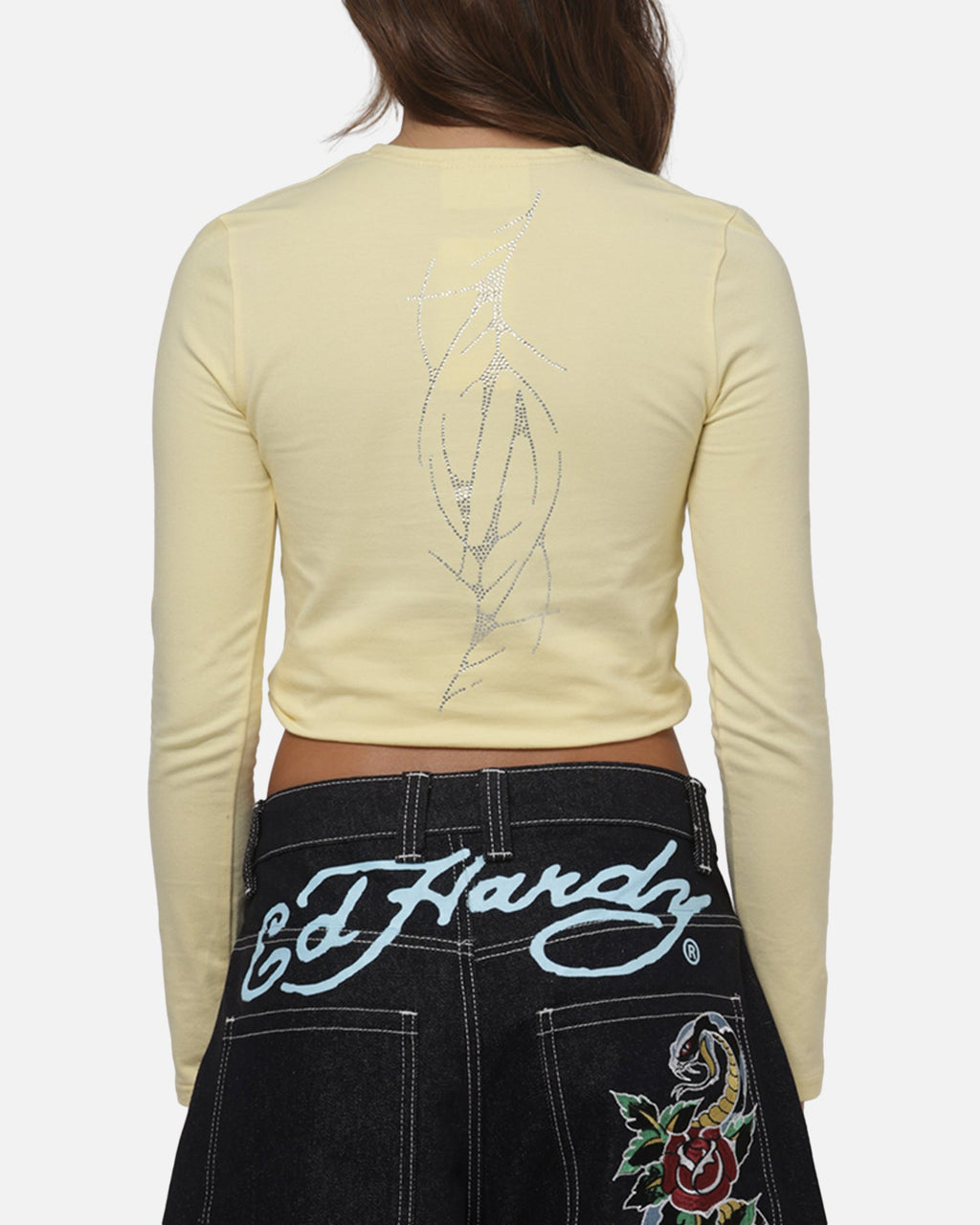 ED HARDY Ed Hardy Women's Cyber Rhinestone Long Sleeve T-Shirt Butter Yellow