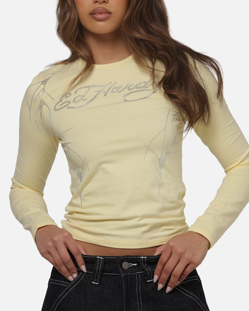 ED HARDY Ed Hardy Women's Cyber Rhinestone Long Sleeve T-Shirt Butter Yellow