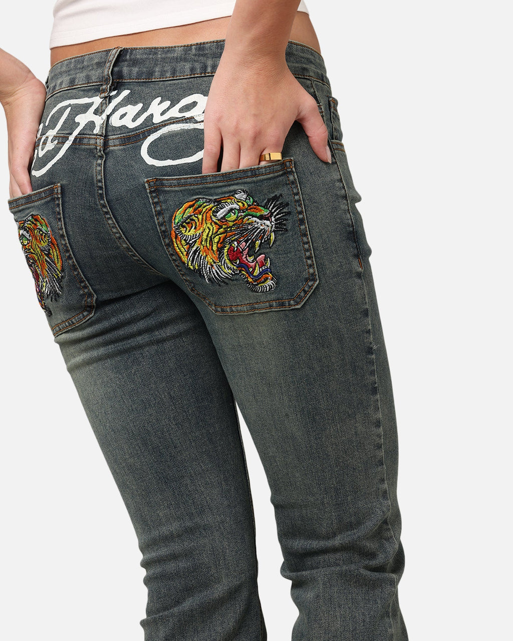 ED HARDY Ed Hardy Women's Tiger Bootcut Jeans Dirty Blue