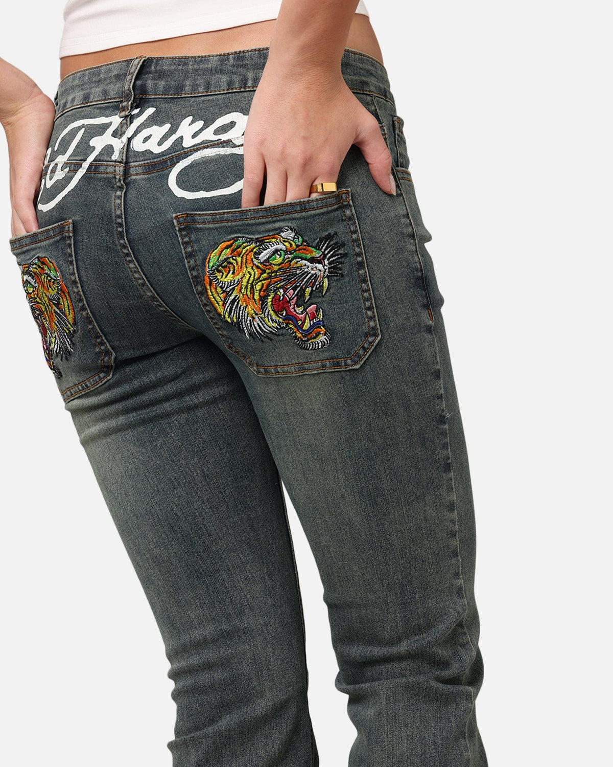 ED HARDY Ed Hardy Women's Tiger Bootcut Jeans Dirty Blue