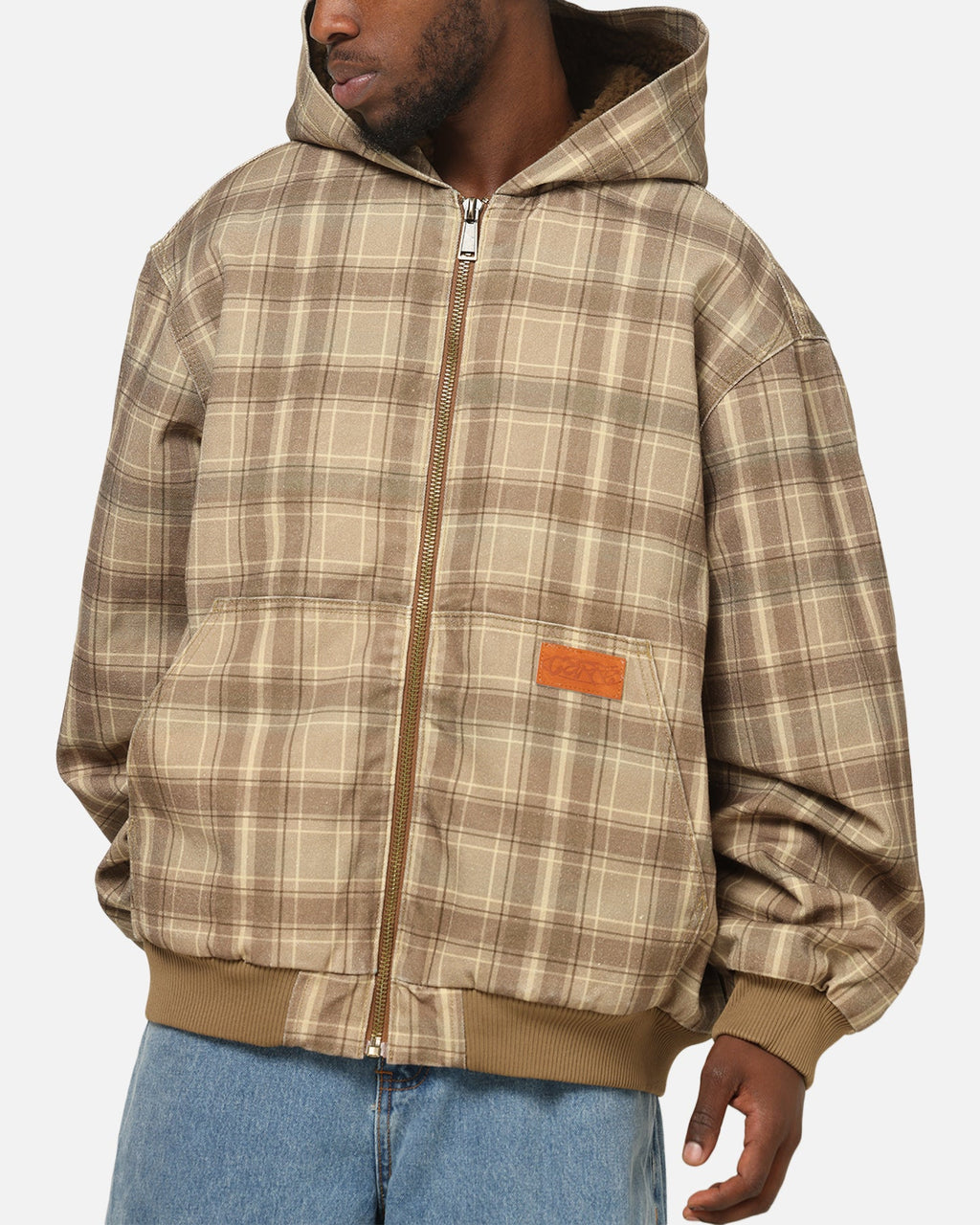 CARRE Authentic Carre Sherpa Lined Zip Hoodie Brown Plaid