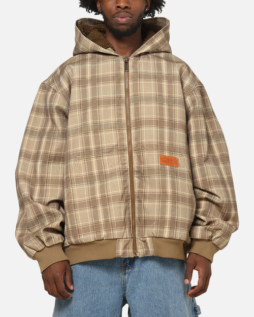 CARRE Authentic Carre Sherpa Lined Zip Hoodie Brown Plaid