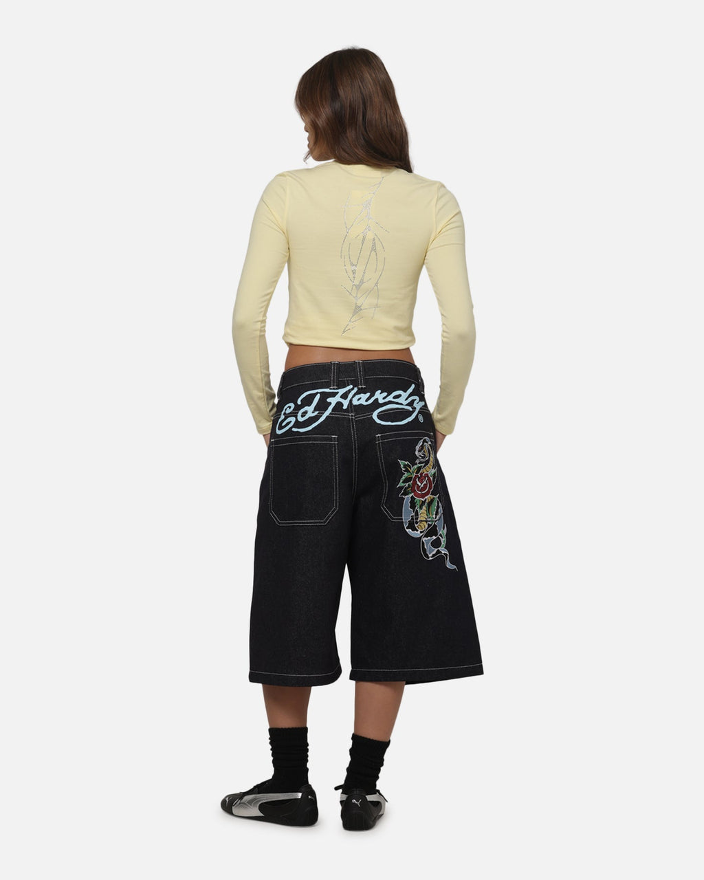 ED HARDY Ed Hardy Women's Cyber Rhinestone Long Sleeve T-Shirt Butter Yellow