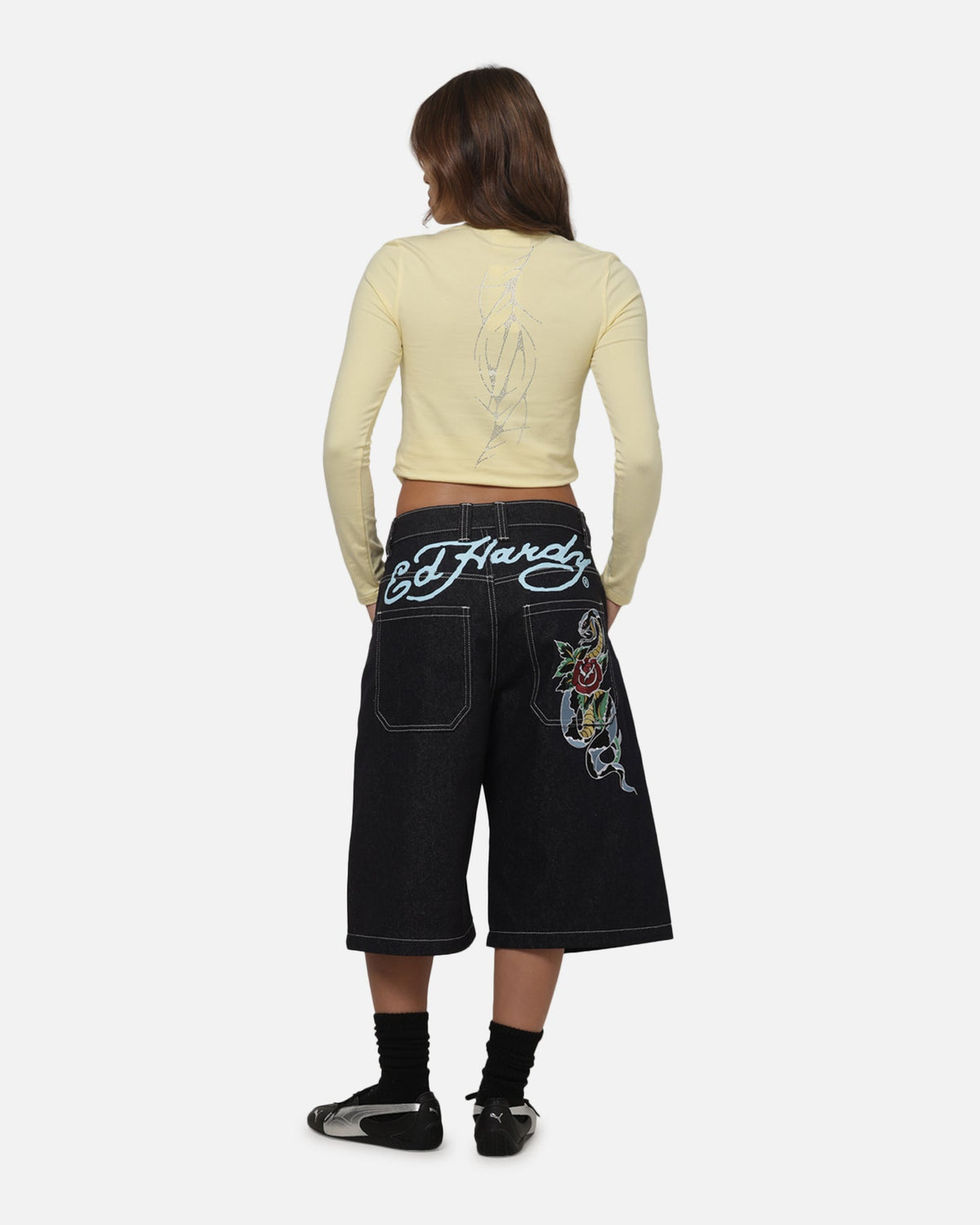 ED HARDY Ed Hardy Women's Cyber Rhinestone Long Sleeve T-Shirt Butter Yellow