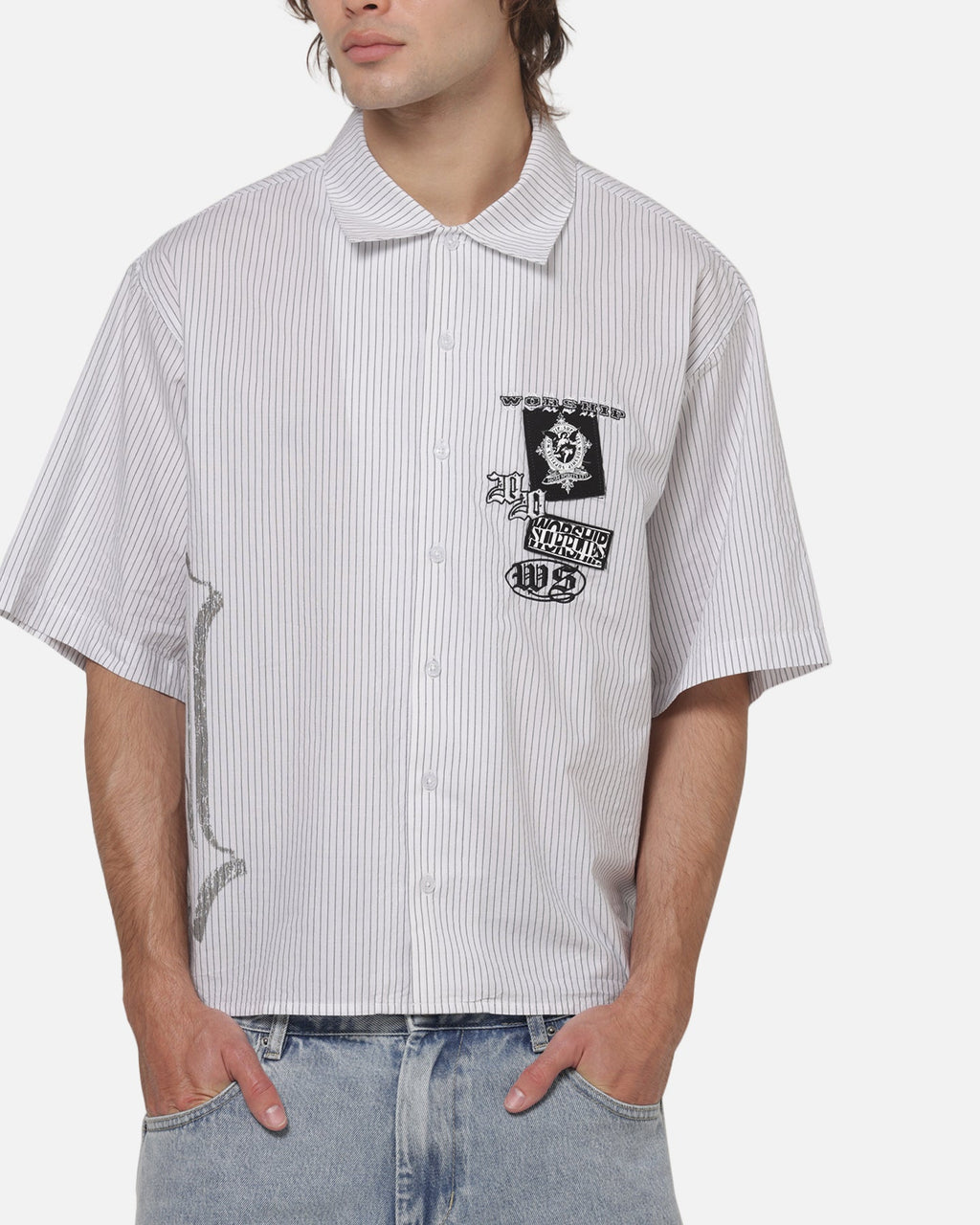 WORSHIP Worship Restraint Box Crop Shirt White Pinstripe