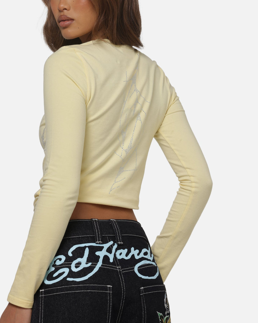 ED HARDY Ed Hardy Women's Cyber Rhinestone Long Sleeve T-Shirt Butter Yellow
