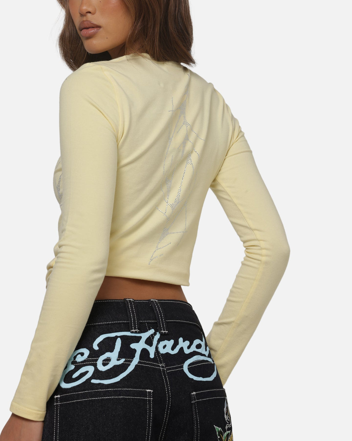 ED HARDY Ed Hardy Women's Cyber Rhinestone Long Sleeve T-Shirt Butter Yellow