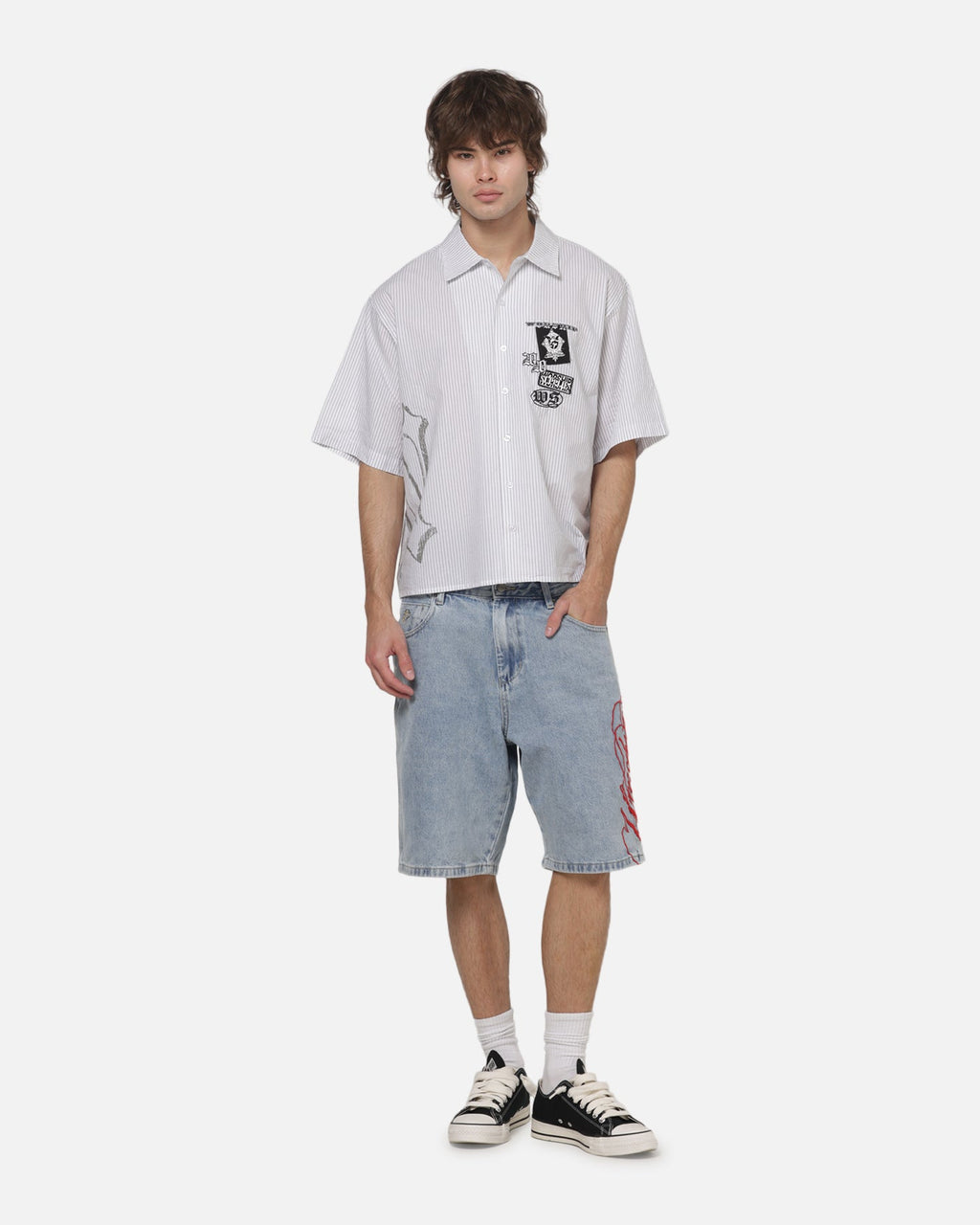 WORSHIP Worship Restraint Box Crop Shirt White Pinstripe