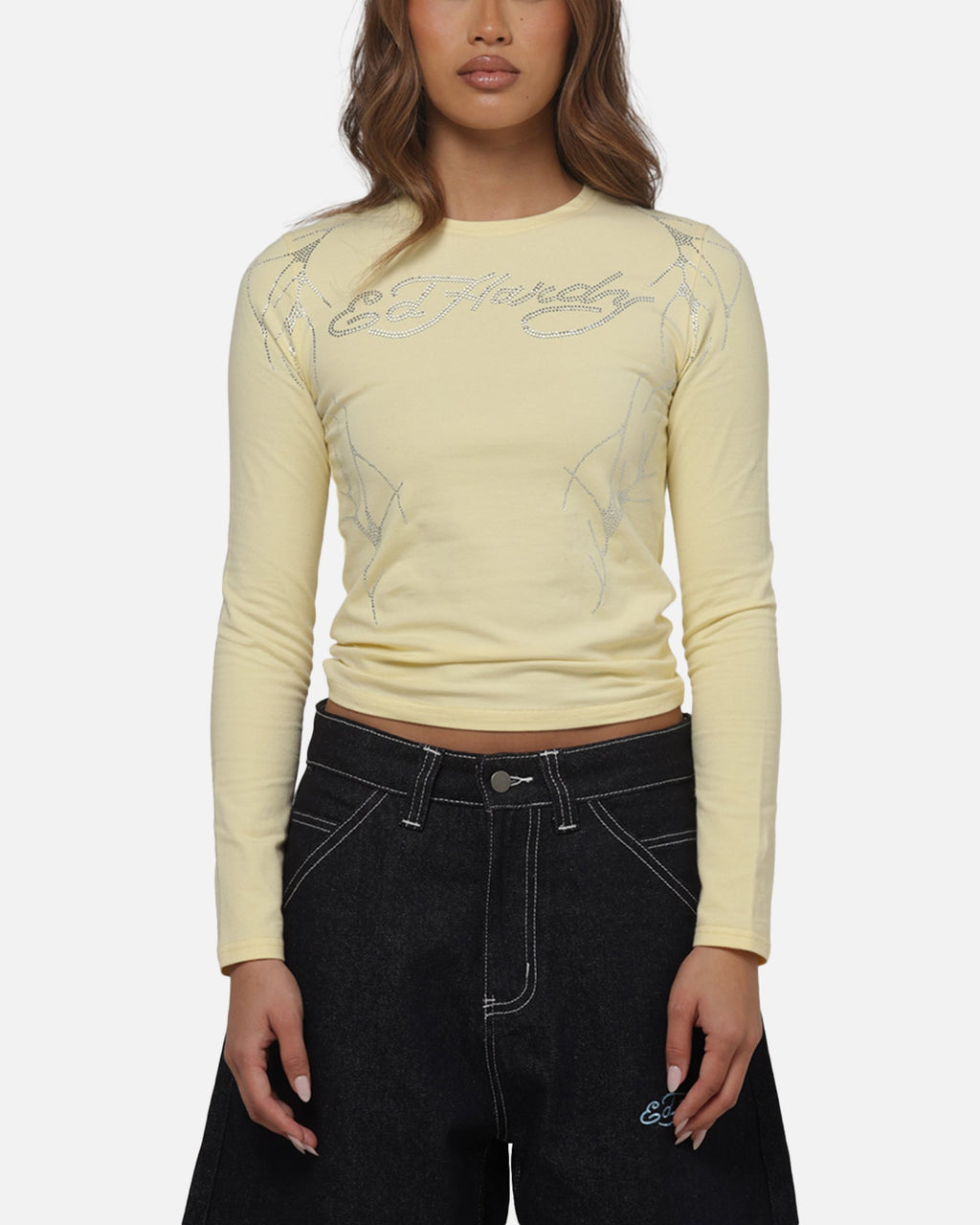 ED HARDY Ed Hardy Women's Cyber Rhinestone Long Sleeve T-Shirt Butter Yellow