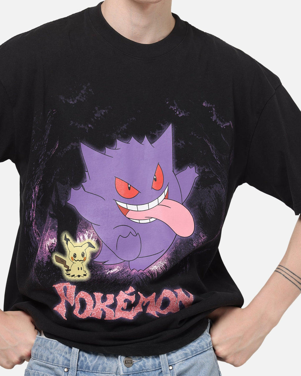 73Studio The Pokémon Collection By 73Studio Gengar Mimikyu T-Shirt Black Acidwash