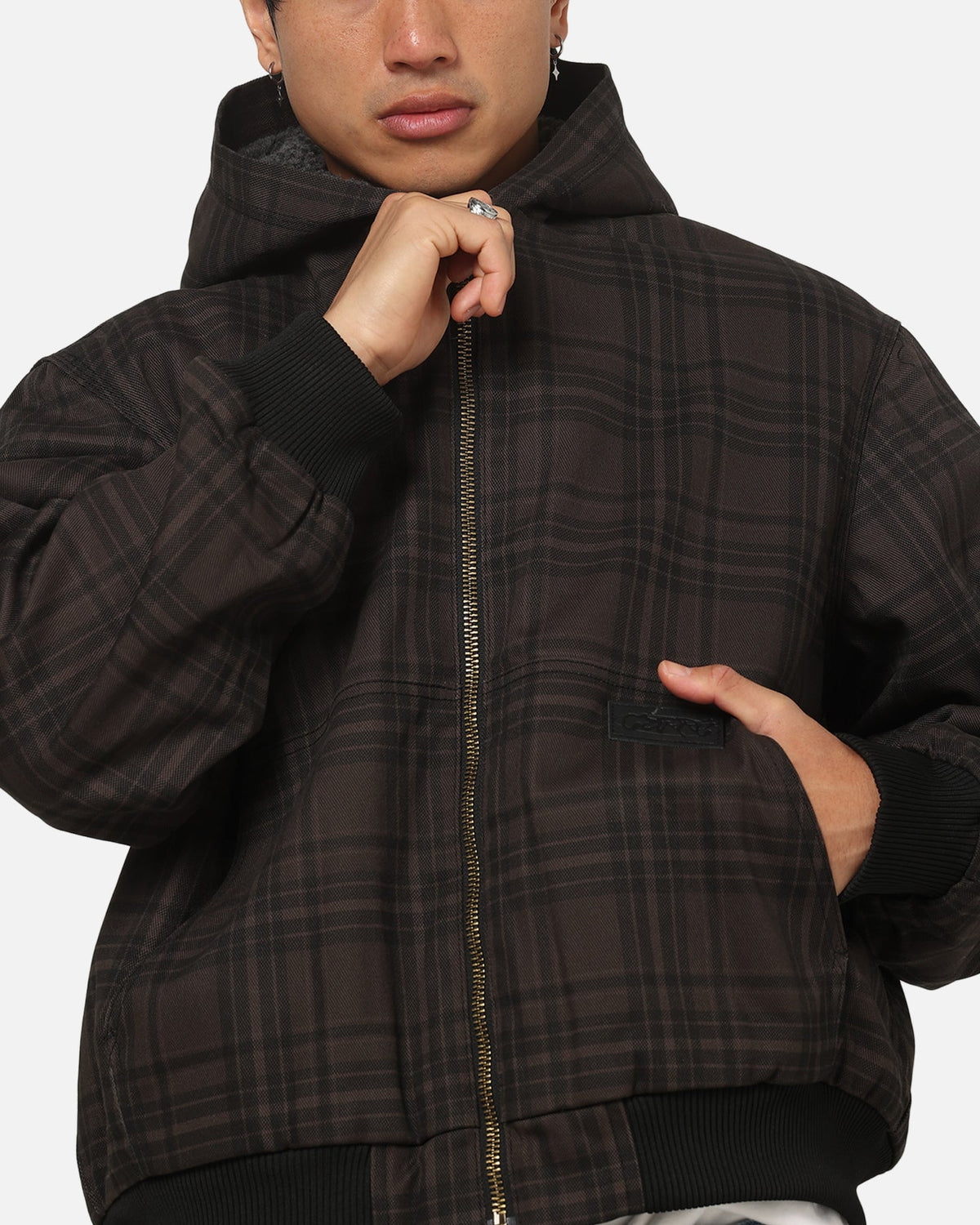 CARRE Carre Sherpa Lined Zip Hoodie Black Plaid