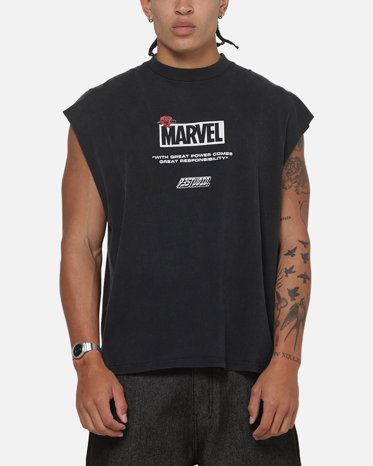 73Studio Official 73Studio Marvel Spotlight Muscle T-Shirt Black Acidwash