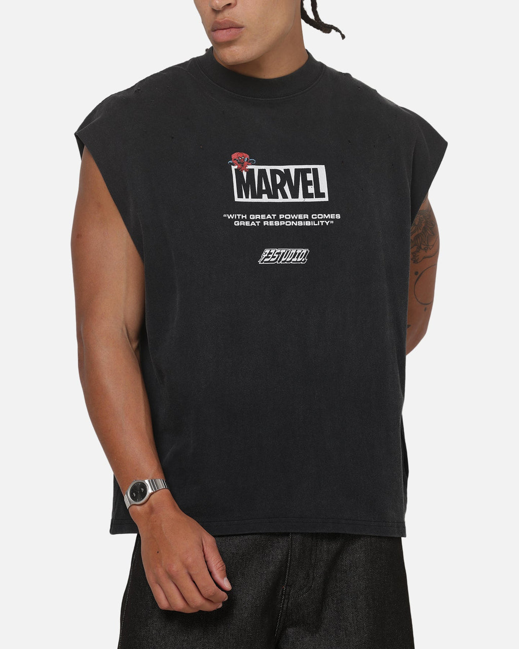 73Studio Official 73Studio Marvel Spotlight Muscle T-Shirt Black Acidwash