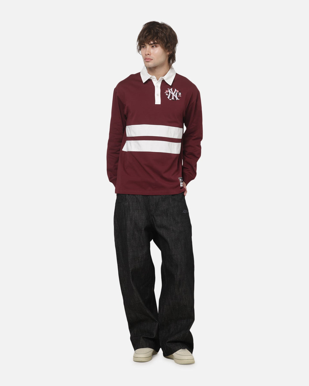 MITCHELL & NESS Mitchell & Ness New York Yankees Roses Rugby Long Sleeve Polo Shirt Sour Cherry