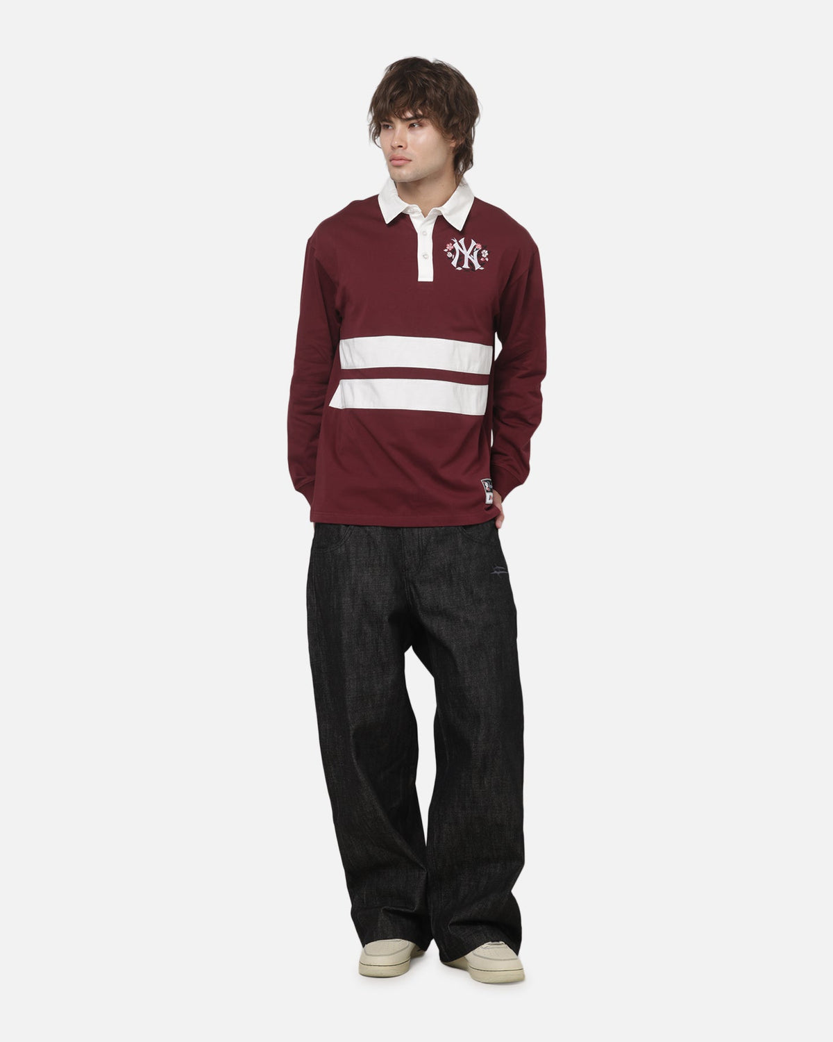 MITCHELL & NESS Mitchell & Ness New York Yankees Roses Rugby Long Sleeve Polo Shirt Sour Cherry