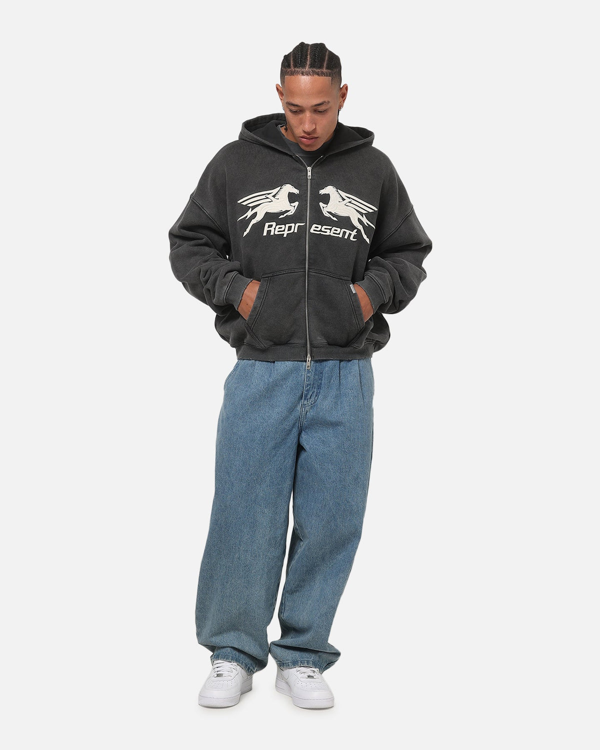 REPRESENT Represent Pegasus Zip Through Hoodie Vintage Grey
