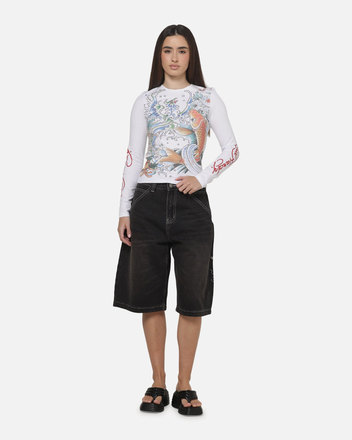 ED HARDY Premium Ed Hardy Women's Koi Long Sleeve T-Shirt White