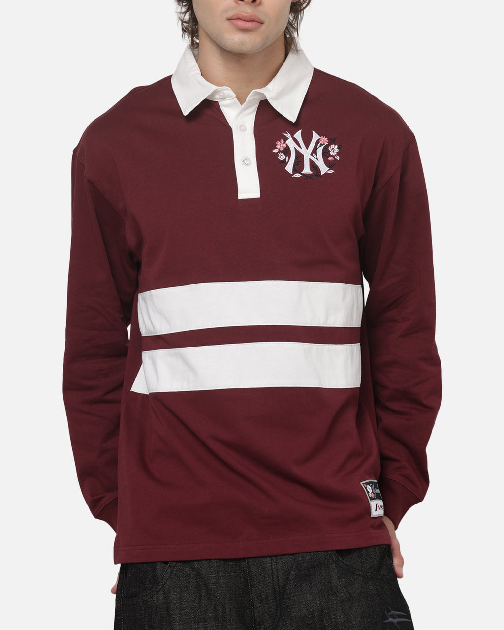 MITCHELL & NESS Mitchell & Ness New York Yankees Roses Rugby Long Sleeve Polo Shirt Sour Cherry