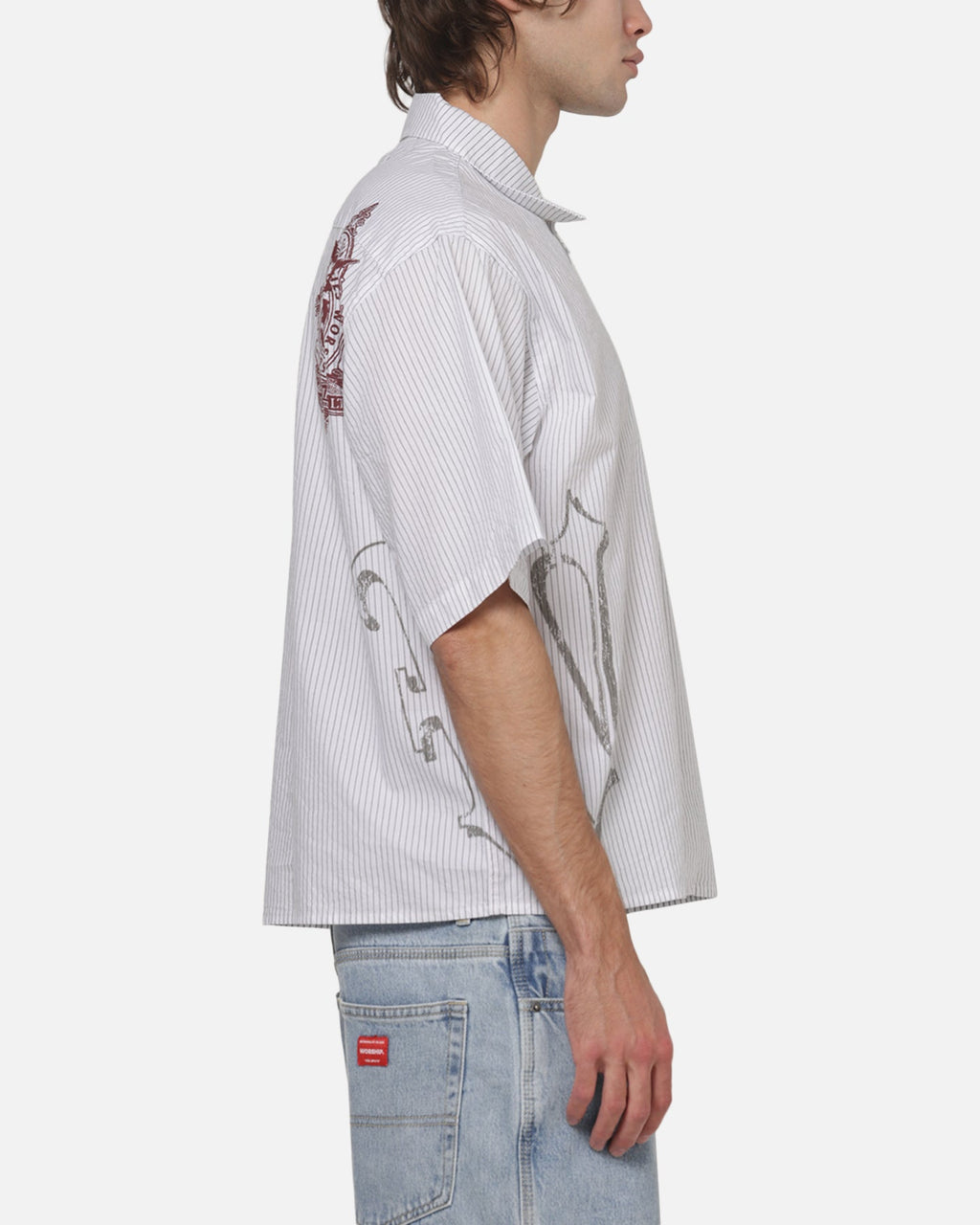 WORSHIP Worship Restraint Box Crop Shirt White Pinstripe