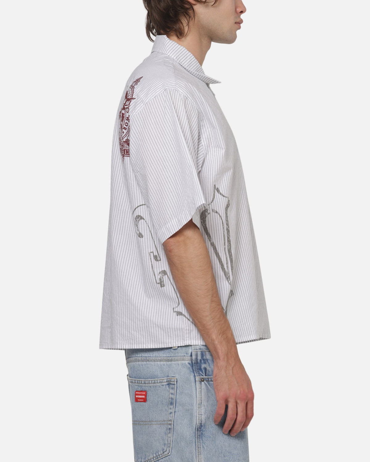 WORSHIP Worship Restraint Box Crop Shirt White Pinstripe