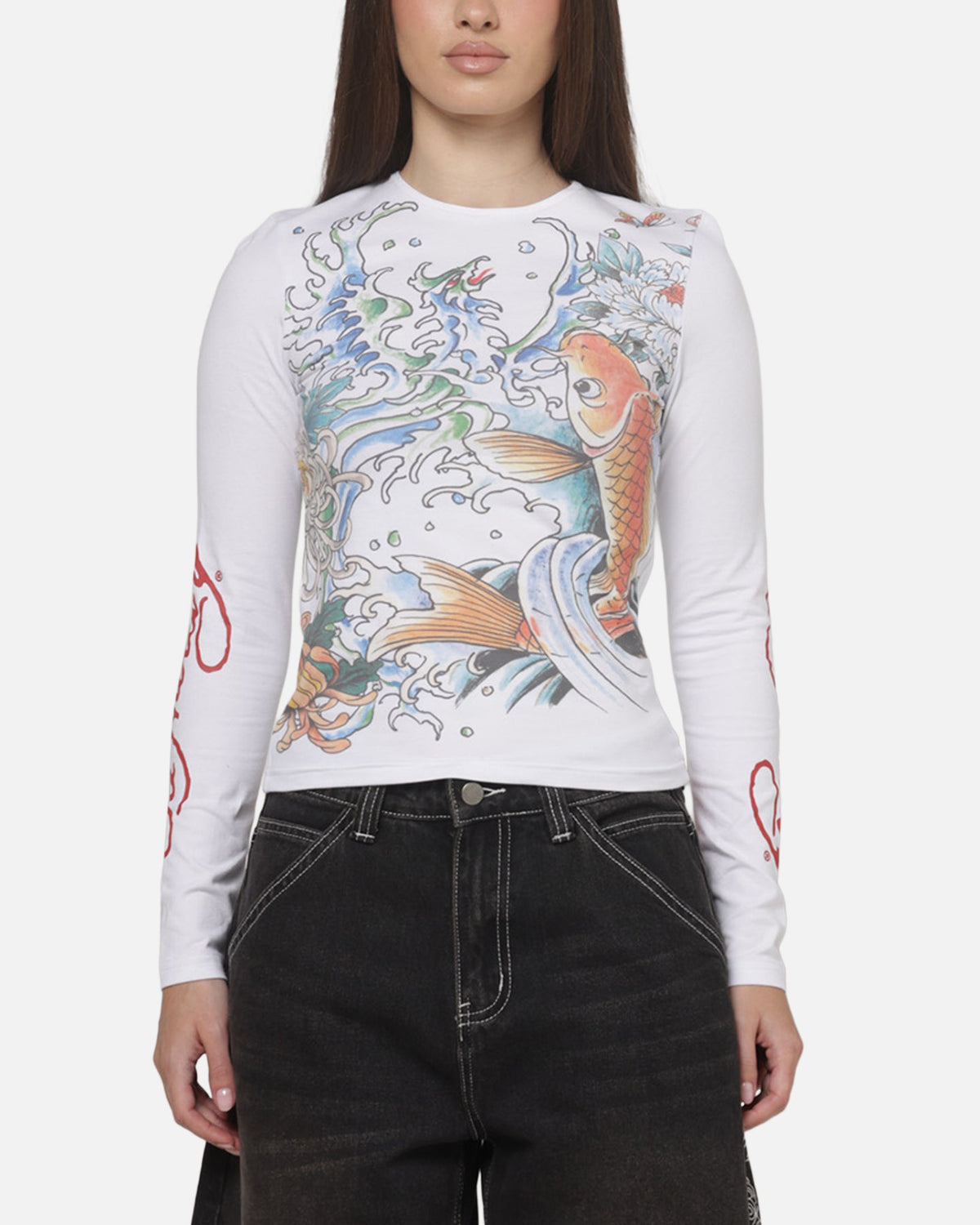 ED HARDY Premium Ed Hardy Women's Koi Long Sleeve T-Shirt White