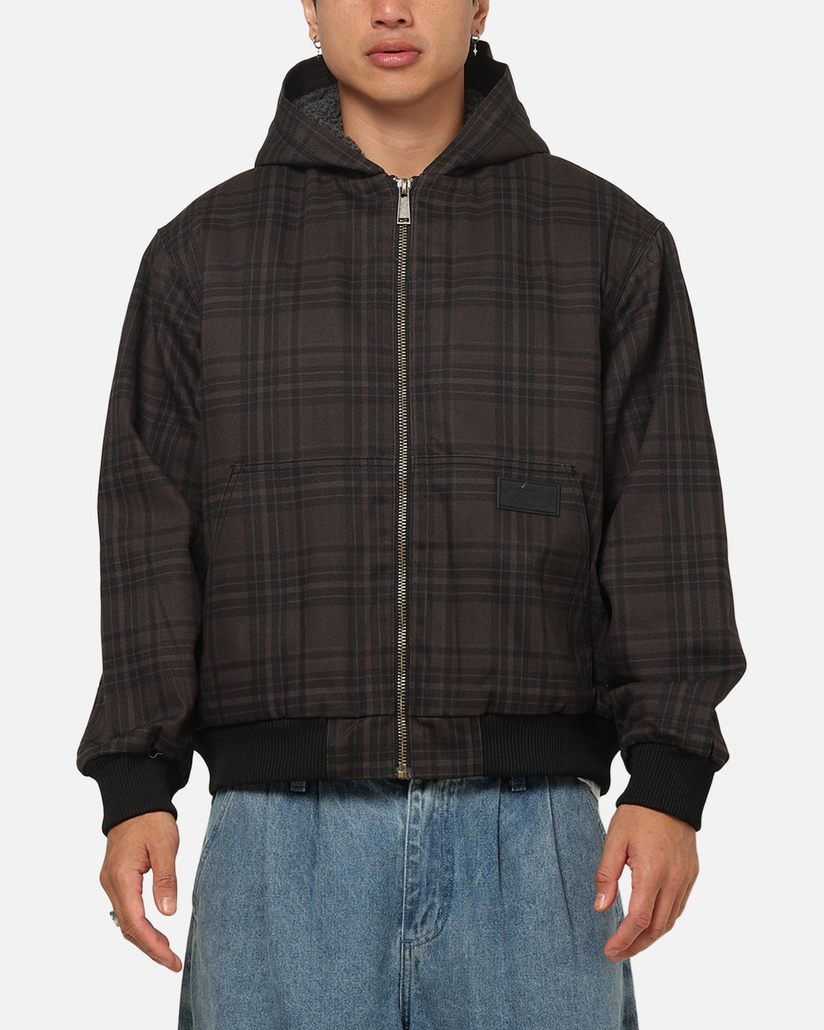 CARRE Carre Sherpa Lined Zip Hoodie Black Plaid
