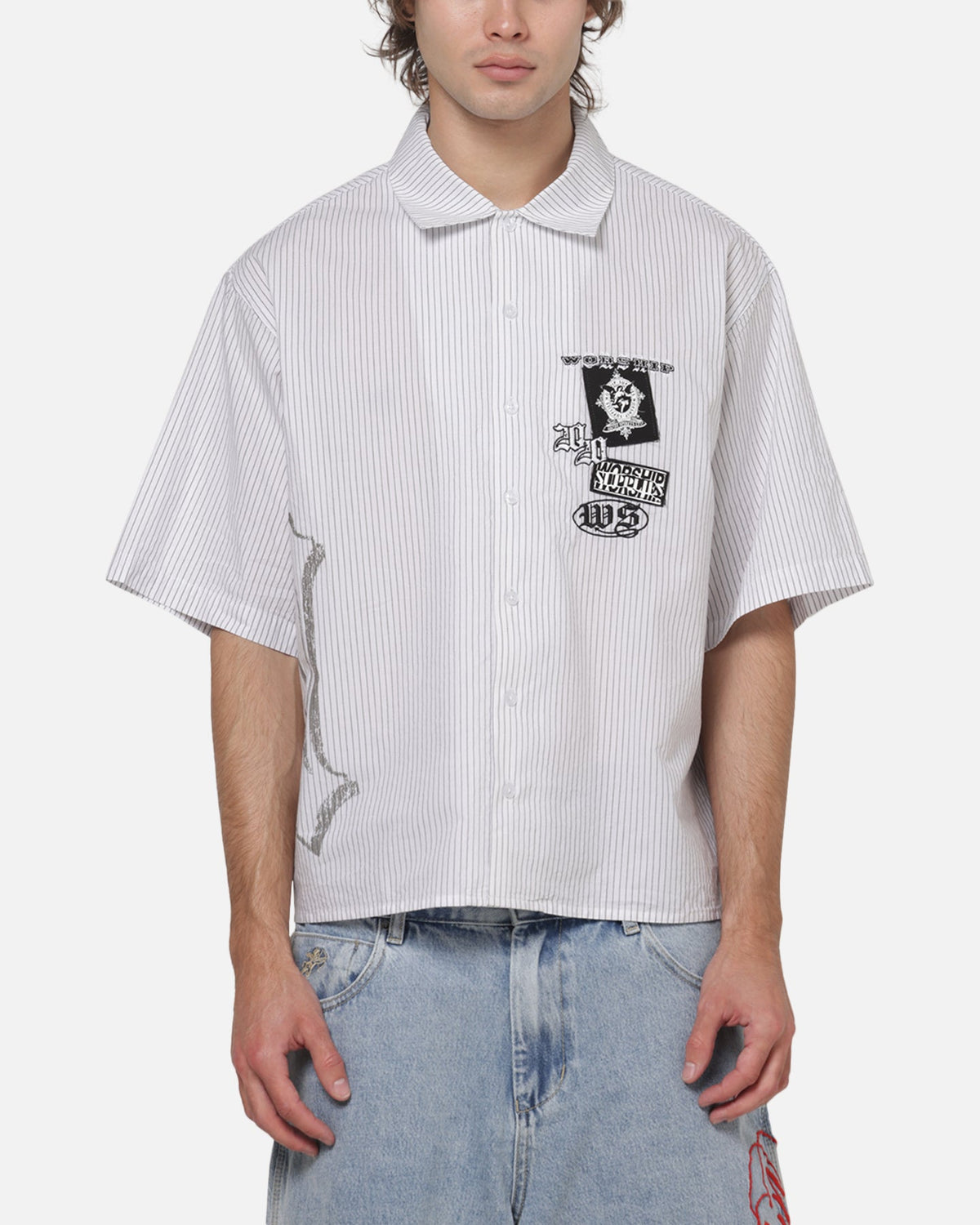 WORSHIP Worship Restraint Box Crop Shirt White Pinstripe